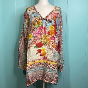 Johnny Was Size 1X Floral 100% Silk Long Sleeve Tunic Blouse Top Multicolor